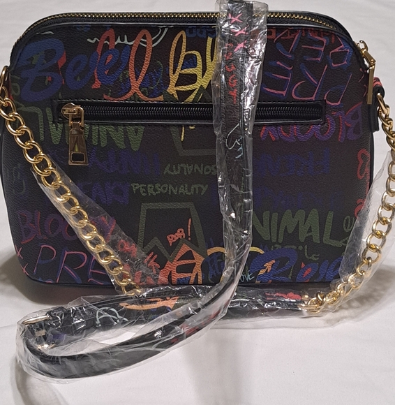Black Graffiti Printed PU Leather Crossbody Bag with Chain Strap NWT - Picture 2 of 15